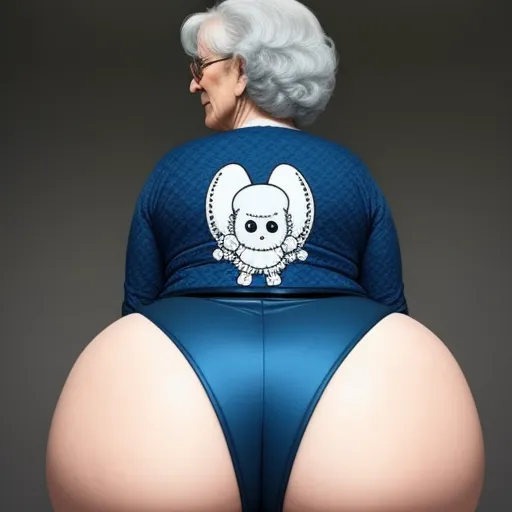 a woman in a blue underwear with a cartoon character on her back and a large butt, with a white hair, by Kaws