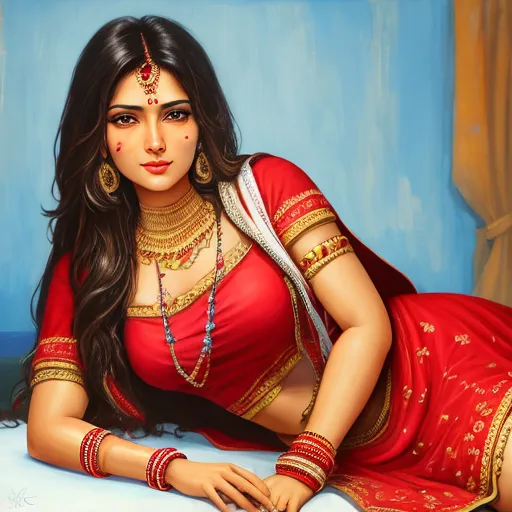 text to ai generated image - a painting of a woman in a red dress laying on a bed with a blue wall behind her and a blue wall behind her, by Raja Ravi Varma