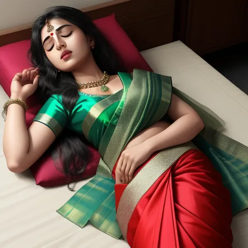 text to photo ai - a woman in a green and red sari laying on a bed with her eyes closed and her hand resting on her chin, by Raja Ravi Varma