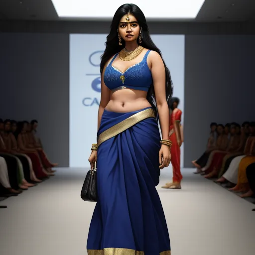 free high resolution images - a woman in a blue sari and gold jewelry on a runway with a crowd watching her onlookers, by Raja Ravi Varma