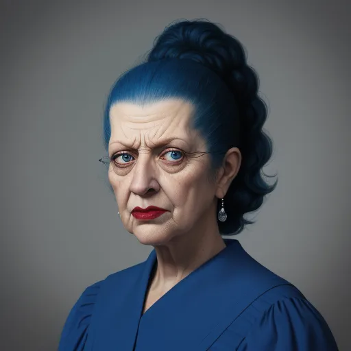 a woman with blue hair and a blue dress is looking at the camera with a serious look on her face, by Lois van Baarle