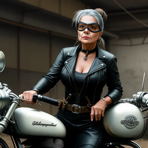 photo images - a woman in leather outfit sitting on a motorcycle with a helmet on her head and a leather jacket on, by Hendrik van Steenwijk I