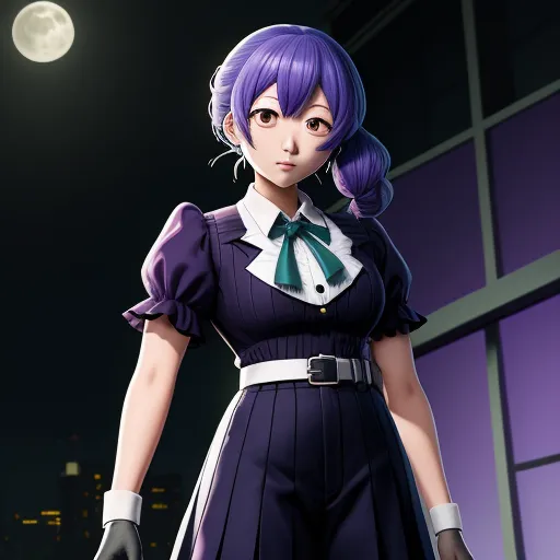 best photo ai enhancer - a woman in a purple dress and a green tie standing in front of a window at night with a full moon in the background, by Terada Katsuya