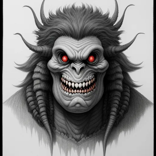 a drawing of a demon with red eyes and horns on his head and a demon like face with horns on his head, by Chris Mars