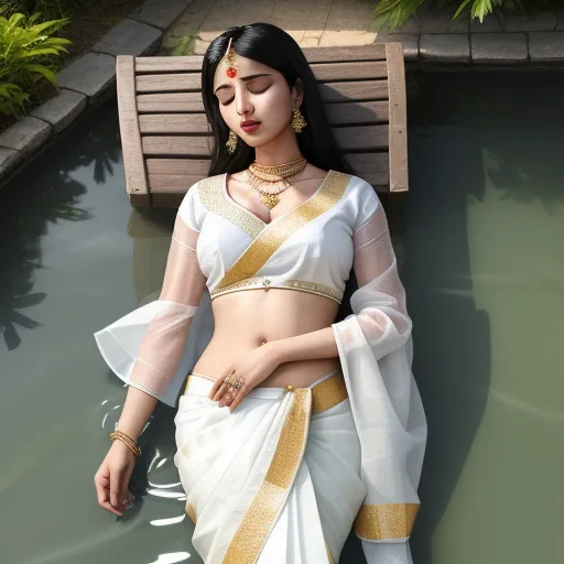 high quality photos online - a woman in a white sari laying on a bench next to a pool of water with a wooden bench behind her, by Raja Ravi Varma