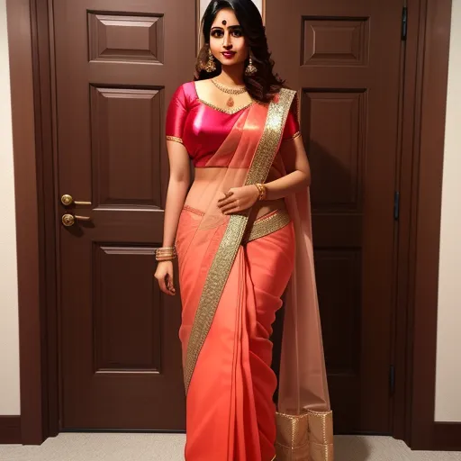 a woman in a pink and orange sari standing in front of a door with a gold purse on her hip, by Terada Katsuya