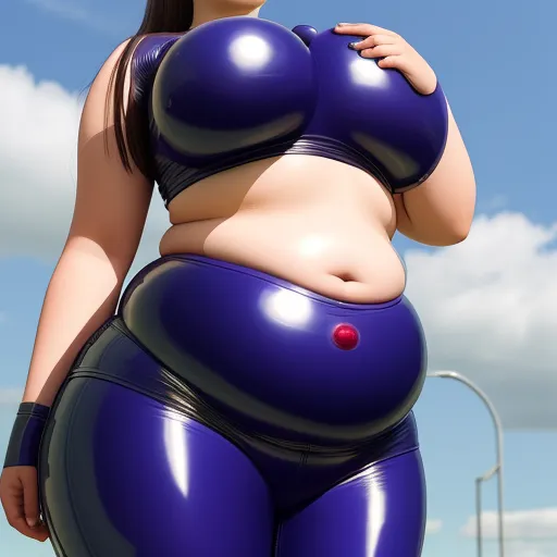 a woman in a purple outfit with big breasts and a big breast is posing for a picture in a blue sky, by Terada Katsuya