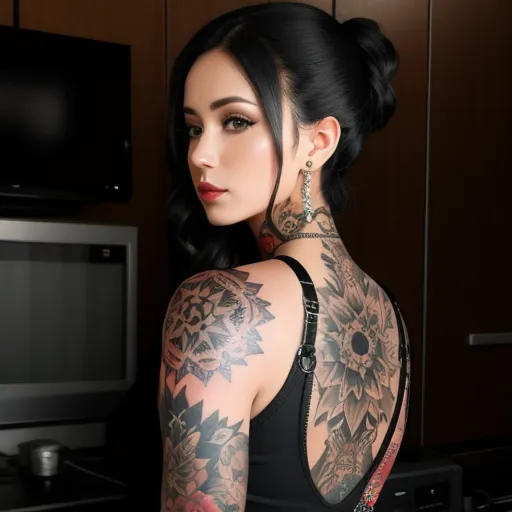 a woman with a tattoo on her back and a black dress on her shoulder and a microwave oven in the background, by Dan Smith