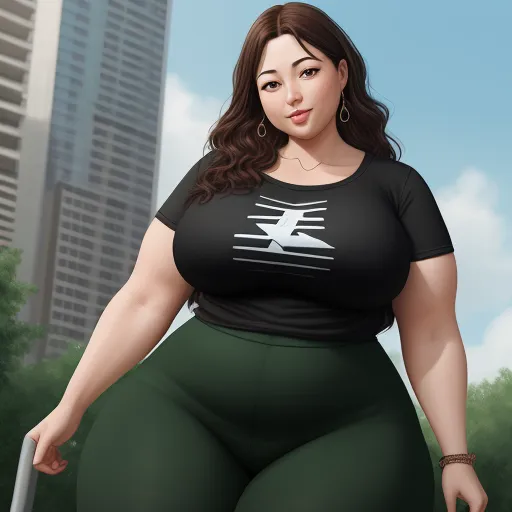 best ai photo enhancement software - a woman in a black shirt and green pants with a large breast and a large breast, standing in front of a cityscape, by Fernando Botero