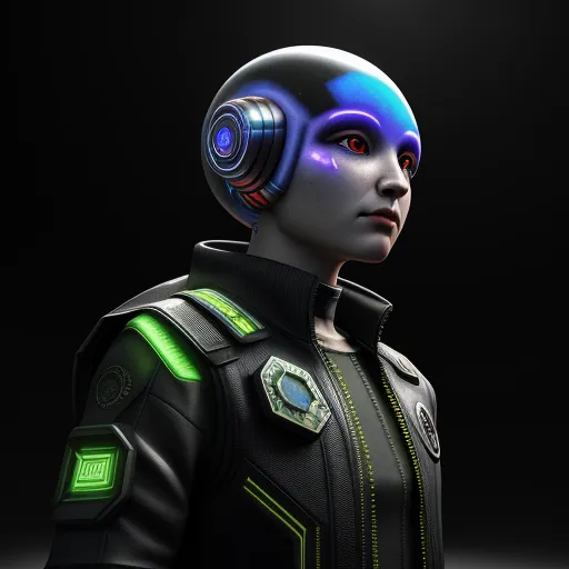 ai-generated images from text - a futuristic woman with headphones on her head and a black background with a green light on her head, by Terada Katsuya