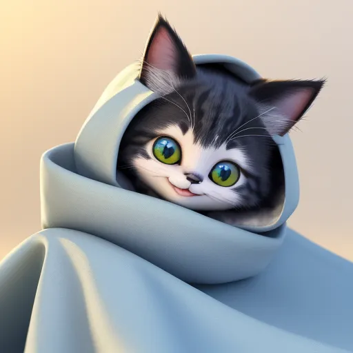 a cat peeking out from a blanket with green eyes and a white nose, with a black and white cat peeking out of the blanket, by NHK Animation