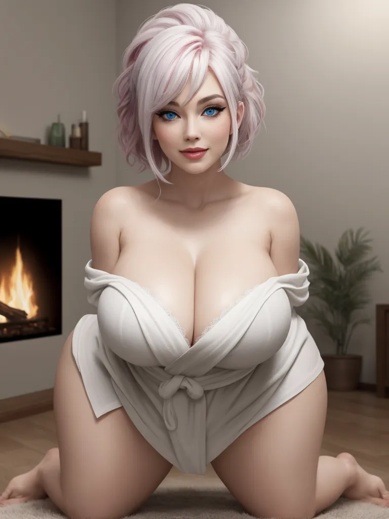 ai image creator from text - a woman with pink hair and a white dress is posing naked in front of a fireplace with a fireplace, by Hayao Miyazaki
