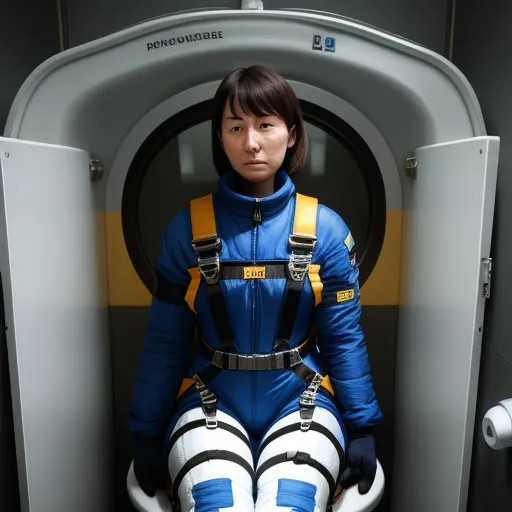 a woman in a space suit sitting on a toilet seat with a safety harness on her chest and legs, by Terada Katsuya