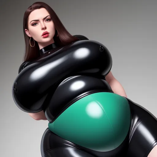 nsfw ai image generator - a woman in a black and green outfit with a big breast and a big belly, posing for a picture, by Terada Katsuya
