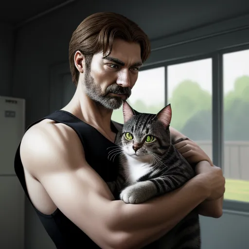 a man holding a cat in his arms in front of a window with a green eyed cat on his chest, by Lois van Baarle