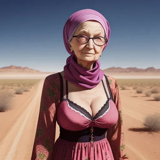 ai based photo editor - a woman in a pink dress and a purple scarf standing in the desert with a desert road in the background, by Hendrick Goudt