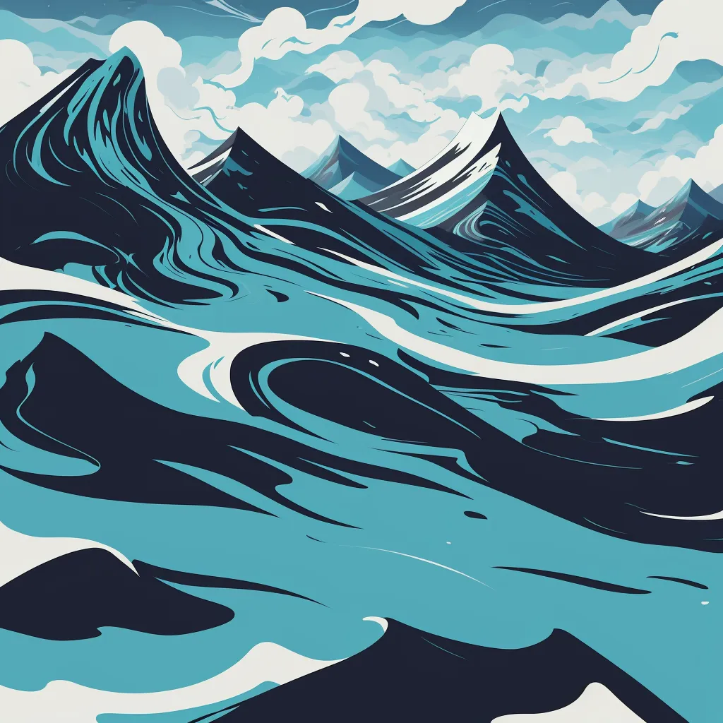 a painting of a mountain range with a blue ocean wave coming up from the top of it and clouds in the sky, by Tom Whalen