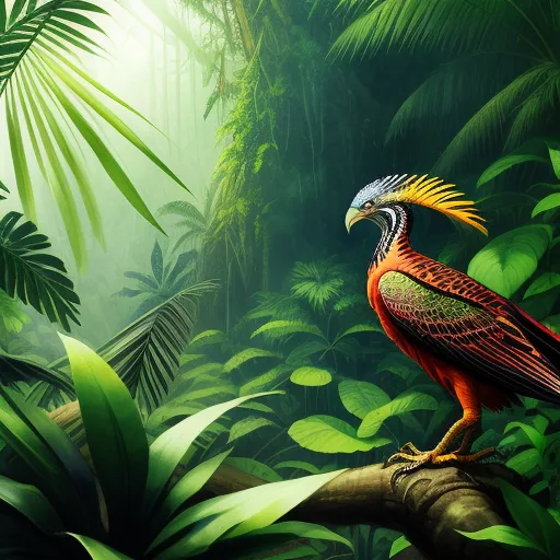 free ai image generator from text - a bird with a colorful head is sitting on a branch in a jungle setting with green leaves and plants, by E. T. A. Hoffmann