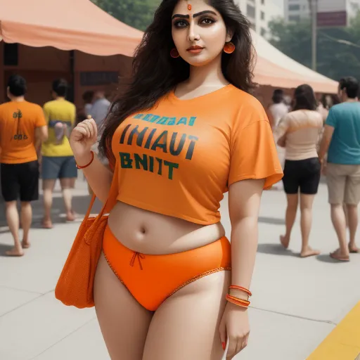 a woman in an orange bikini and orange shirt is walking down the street with people in the background and a tent, by Hendrik van Steenwijk I