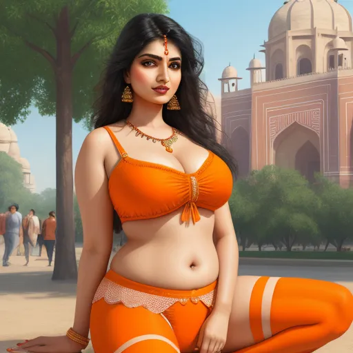 a woman in a bikini and orange pants poses for a picture in front of a building with a tree, by Raja Ravi Varma