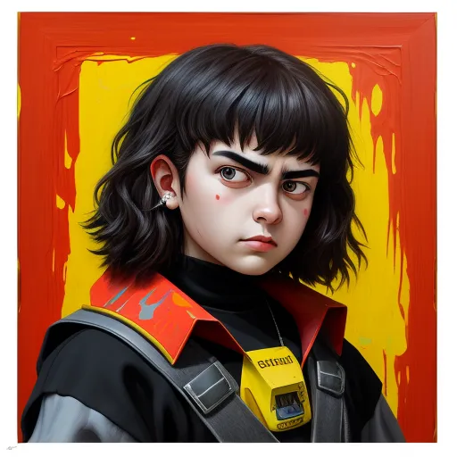 ai picture generator from text - a painting of a woman with a yellow and red collar and black hair and a yellow and red background, by Daniela Uhlig