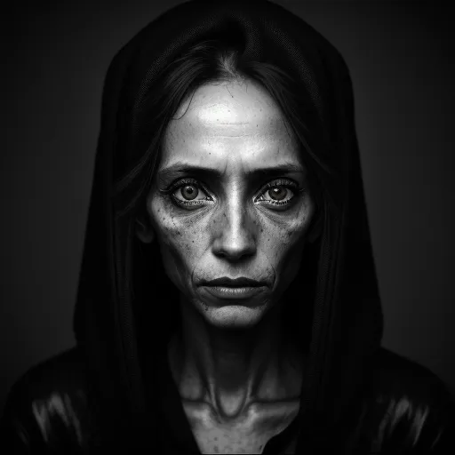 ai picture generator from text - a woman with freckles on her face and eyes is shown in black and white, with a hood on, by Anton Semenov