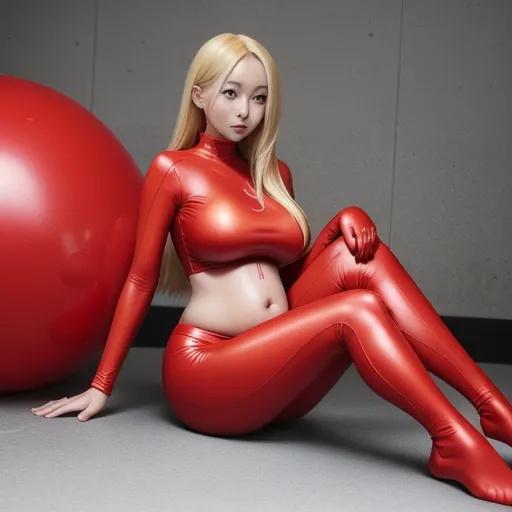 a woman in a red outfit sitting on a red ball with her legs crossed and her body bent up, by Hiromu Arakawa