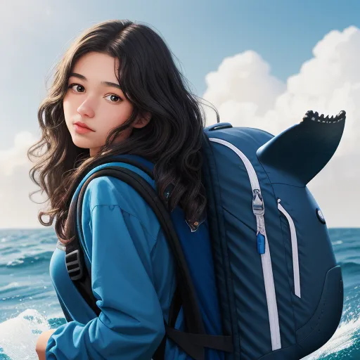 best text-to image ai - a woman with a backpack on a surfboard in the ocean with a whale tail on her back and a blue sky with clouds, by Chen Daofu