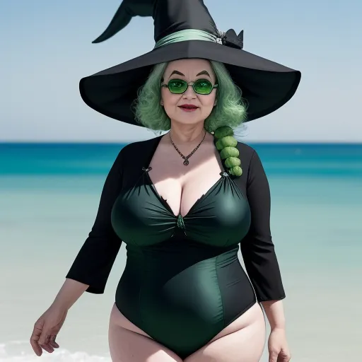 ai image generator from text free - a woman in a green bikini and witch hat on the beach with a green apple in her hand and a green apple in her other hand, by Rumiko Takahashi