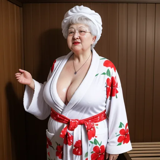 a woman in a robe and glasses posing for a picture in a sauna room with a wooden wall, by Rumiko Takahashi