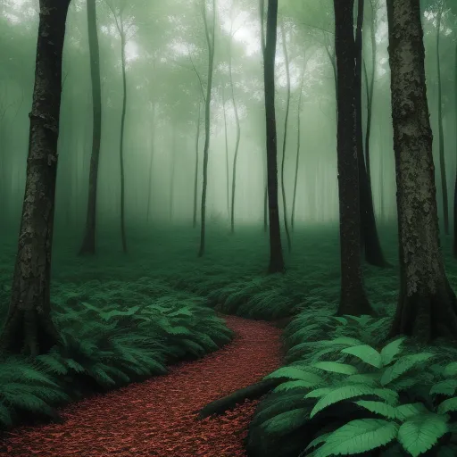 text to ai generated image - a path in a forest with ferns and trees on both sides of it, surrounded by fog and fog, by Janek Sedlar