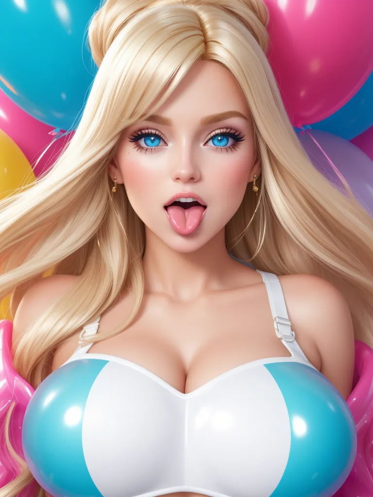 a cartoon of a woman with blue eyes and blonde hair wearing a bikini top and balloons around her neck, by Akira Toriyama