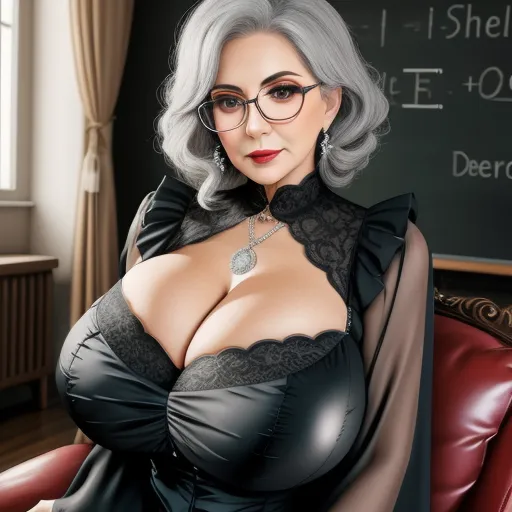 high quality maker - a woman with glasses and a black dress is posing for a picture in front of a chalkboard with a blackboard, by Botero