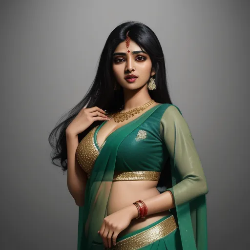 ai image generator from text free - a woman in a green sari with gold accents on her chest and arms, posing for a picture, by Raja Ravi Varma