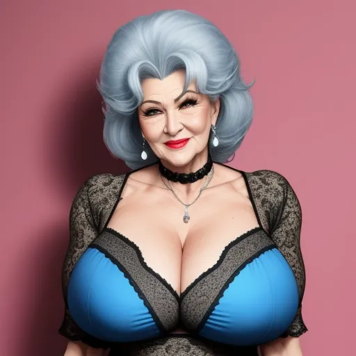 convert photo to high resolution - a woman with blue hair and a bra is posing for a picture in a black and blue bra top, by Botero