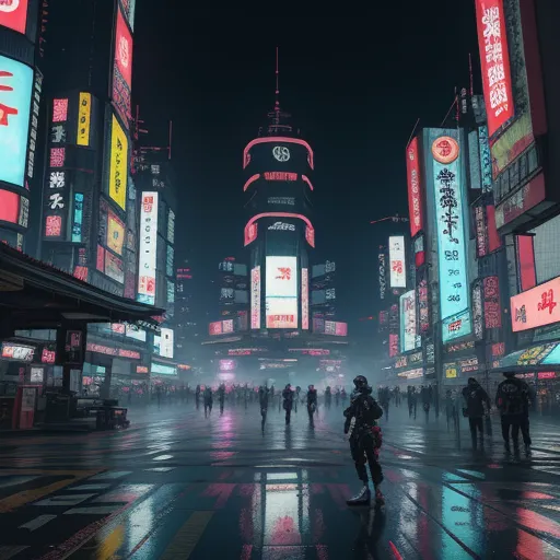 a city with lots of neon signs and people walking around it at night time in the rain, with a person standing in the middle of the street, by Mike Winkelmann (Beeple)