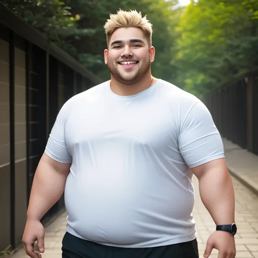 a man with a big belly walking down a sidewalk with a watch on his wrist and a smile on his face, by Botero