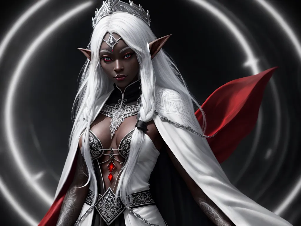 high resolution image - a woman dressed in white and red with a crown and a sword in her hand and a ring around her neck, by Antonio J. Manzanedo