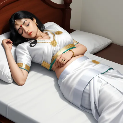 a woman laying on a bed with a white dress and gold jewelry on her chest and arms, with her eyes closed, by Raja Ravi Varma