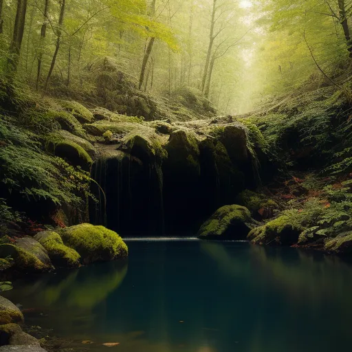 convert to 4k photo - a small stream running through a lush green forest filled with trees and rocks, with a waterfall running into the water, by Janek Sedlar