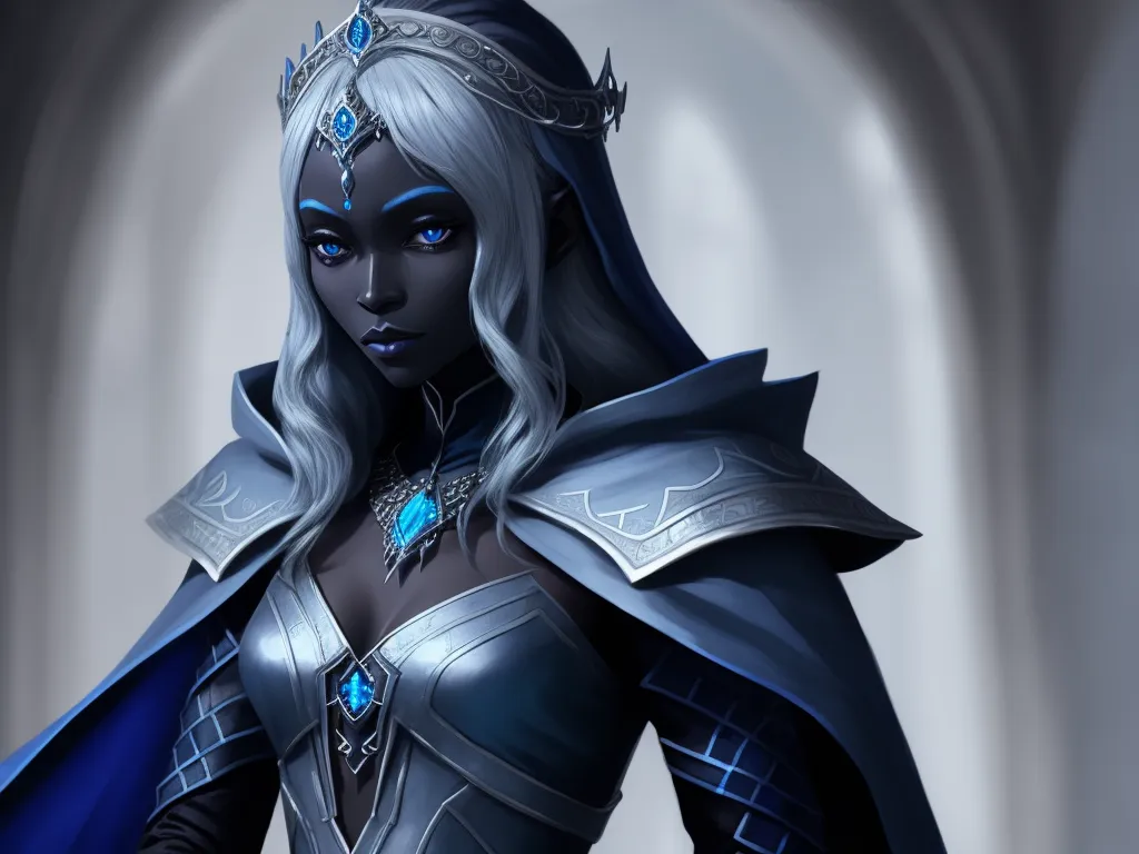 Ai High Resolution: 1 Solo Female Drow, Blue Clothes, Silver Cloak,