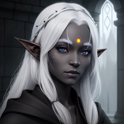 ai image upscale - a white haired elf with blue eyes and a yellow glowing eye patch on her forehead and nose, standing in front of a gothic - styled building, by Daniela Uhlig