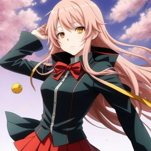 high quality photos online - a girl with long hair and a bow tie holding a yellow ball in her hand and a pink cloud in the background, by Hanabusa Itchō