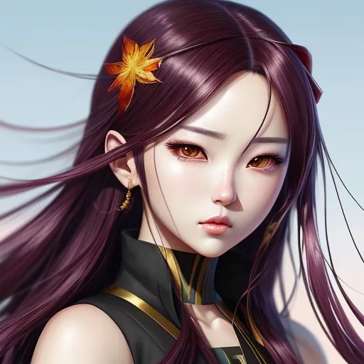translate image online - a girl with long hair and a star in her hair is shown in this picture, she is wearing a black dress and has a gold leaf in her hair, by Chen Daofu