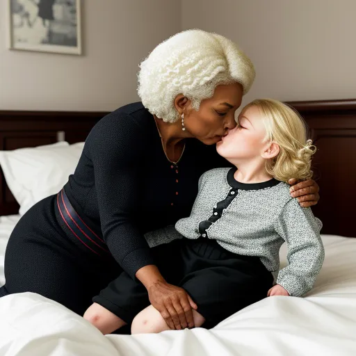 best text-to image ai - a woman kissing a small child on the bed in a bedroom with a white bed spread and a wooden headboard, by Gottfried Helnwein