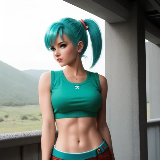 a woman with green hair and a green top on a balcony with mountains in the background and a green top on her head, by Akira Toriyama