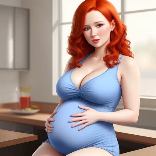a pregnant woman in a blue dress poses for a picture in a kitchen with a window behind her and a plate of fruit on the counter, by Hanna-Barbera