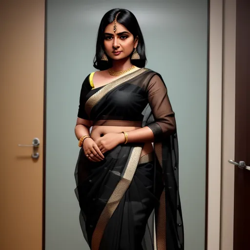 ultra high resolution images free - a woman in a black and gold sari standing in a doorway with her hands on her hips and looking at the camera, by Hendrik van Steenwijk I
