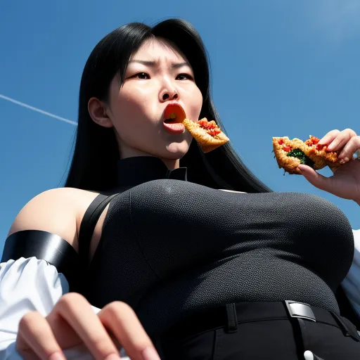 a woman eating a slice of pizza with her mouth open and her hand on her hip, with a blue sky in the background, by Terada Katsuya
