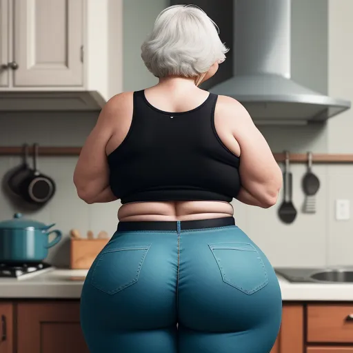 how to make image higher resolution - a woman in a black top and blue pants is standing in a kitchen with her back to the camera, by Hendrick Goudt